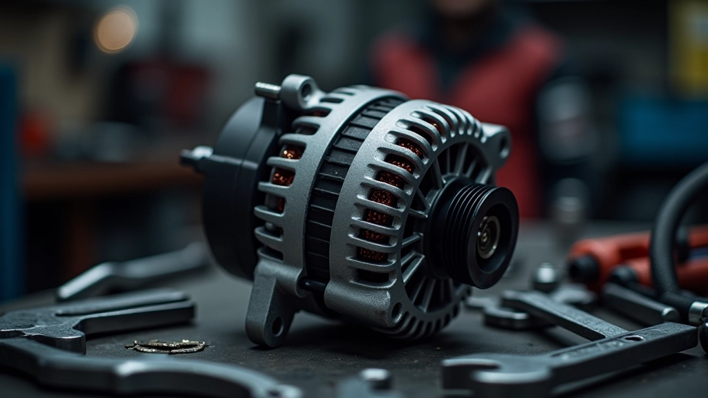 Car alternator component displayed on workbench with technical tools and documentation