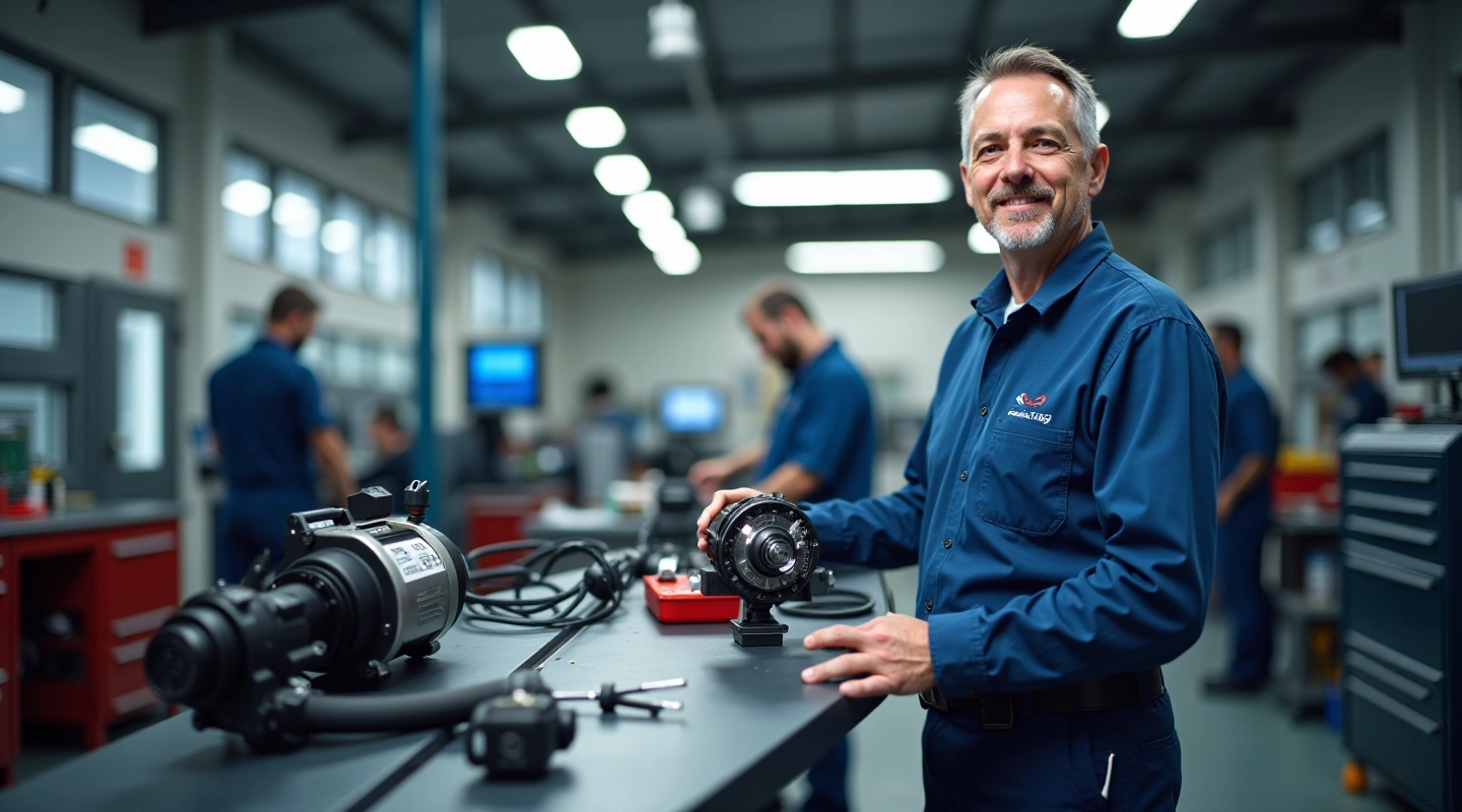 Modern automotive service facility with testing equipment and replacement parts