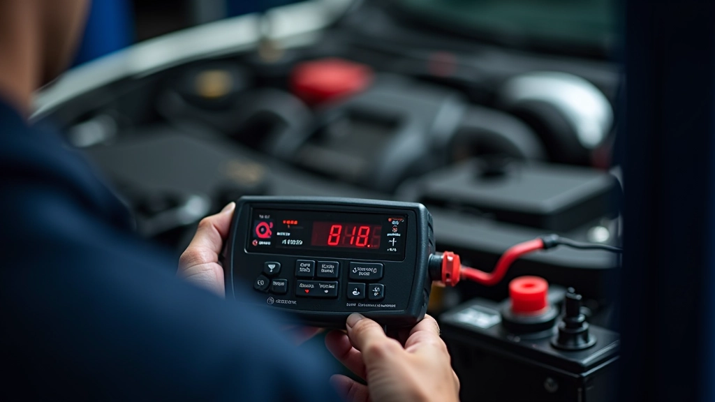 Battery load testing equipment connected to car battery terminals during cold cranking amp evaluation