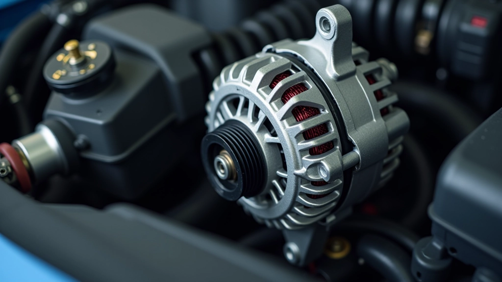 Alternator component showing serpentine belt and electrical connections in engine bay