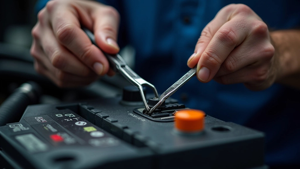 Technician performing battery terminal inspection and cleaning in professional automotive service center