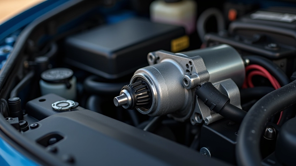 Close-up view of car engine starter motor with battery cables connected, showing mechanical details