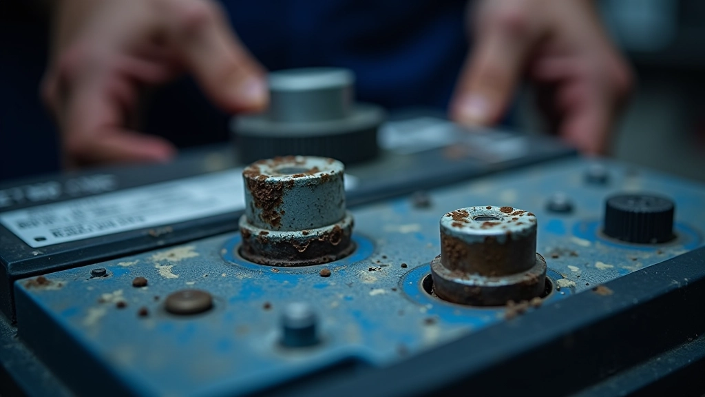 Car battery terminals showing corrosion buildup affecting electrical connection and testing results