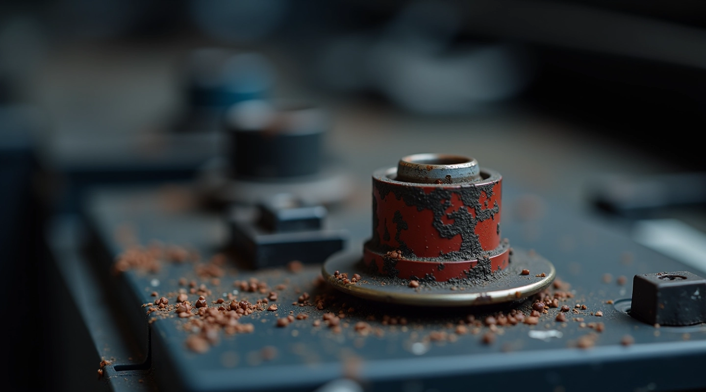 Car battery terminal closeup showing corrosion and wear on metal connectors