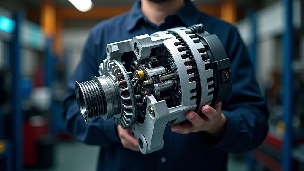 Close-up cross-section of alternator internal components showing rotor, stator coils, and bearing assembly in detailed mechanical view