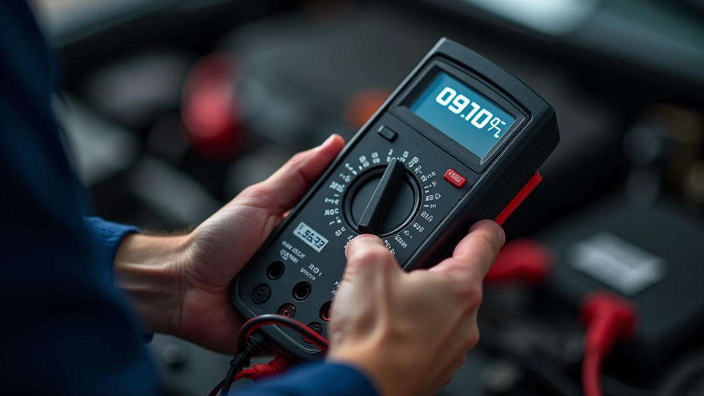 Close-up of digital multimeter display showing battery voltage reading of 12.6 volts during diagnostic test