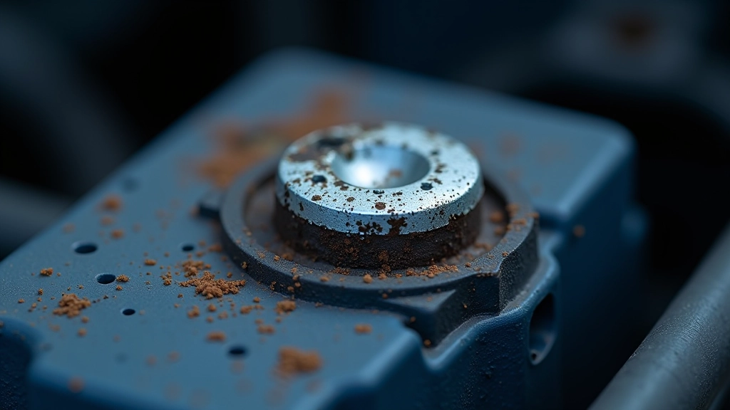 Battery terminal with white and blue corrosion buildup on metal connectors and cable connections
