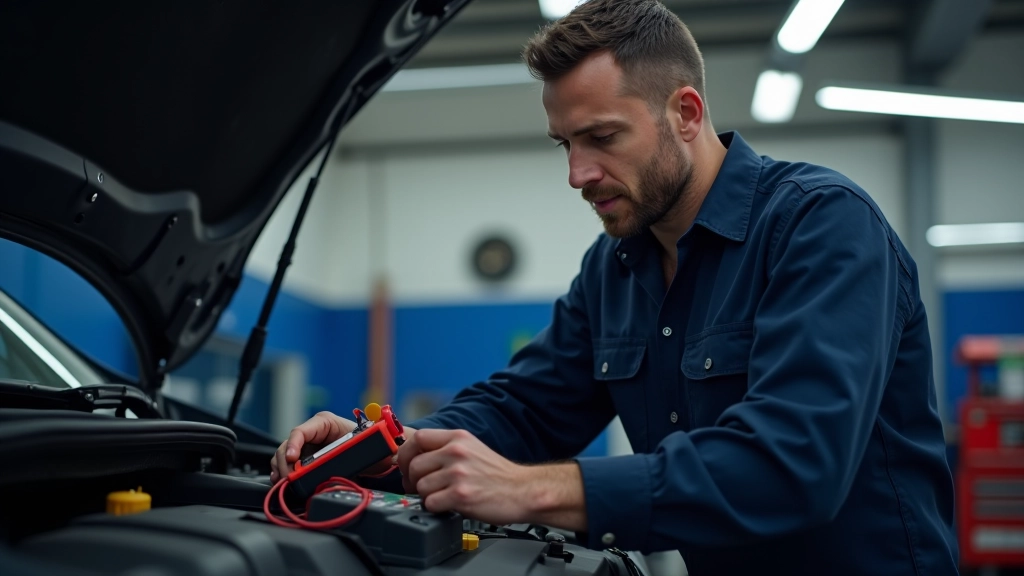 Mechanic examining car battery terminals and connections during warranty inspection