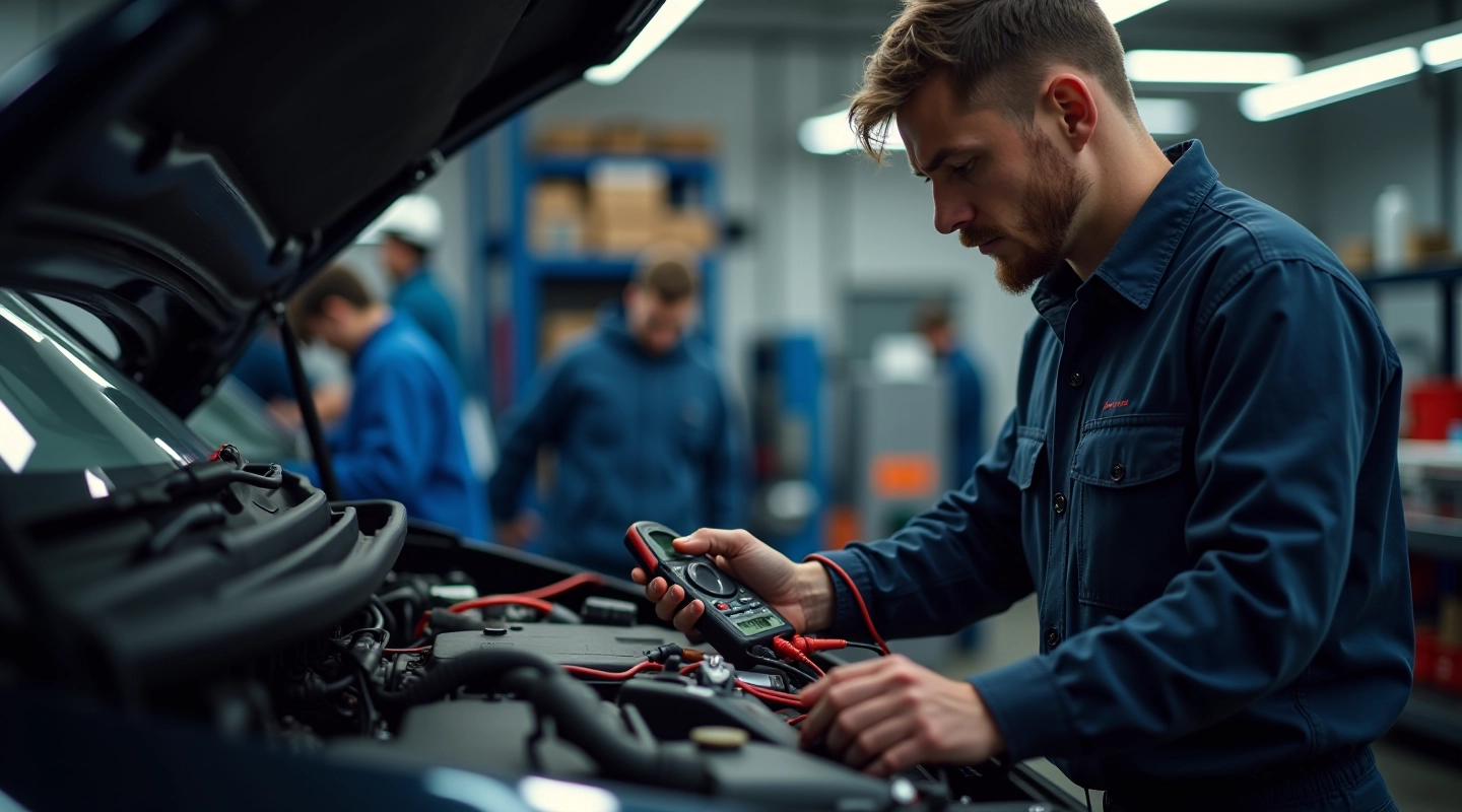 Professional mechanic testing vehicle battery with diagnostic equipment in automotive workshop