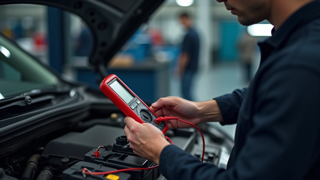 Mechanic performing battery testing with multimeter in professional automotive workshop