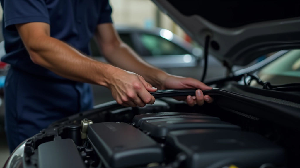 Mechanic inspecting serpentine belt condition under vehicle hood, checking for cracks and wear along the ribbed belt surface