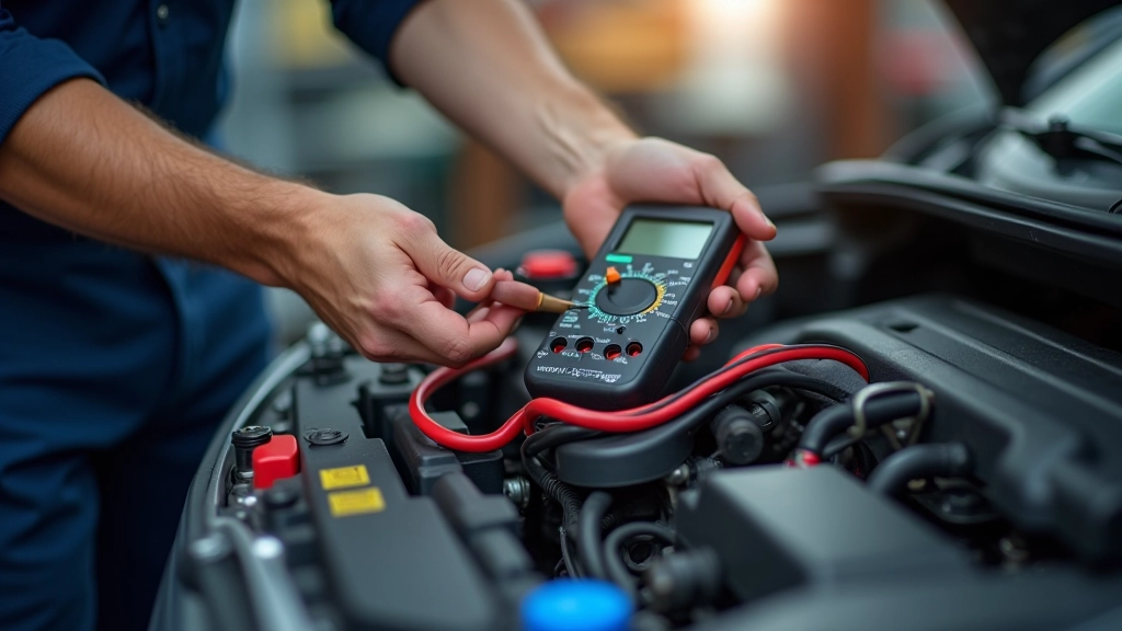 Mechanic using digital multimeter to test alternator voltage output at battery terminal connection during diagnostic check