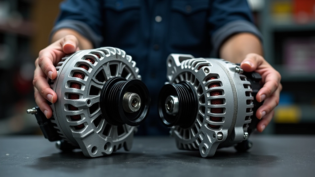 New alternator unit displayed alongside worn failed alternator component showing visible damage and deterioration from age