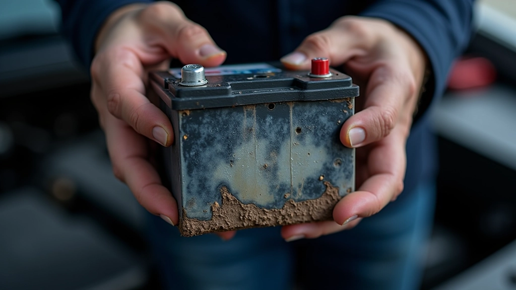 Car battery casing showing swollen or bulged sides and warped appearance from age and heat damage