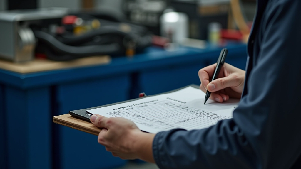 Mechanic recording battery test results on diagnostic report clipboard in professional service center