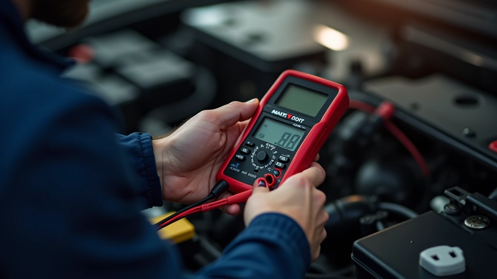 Mechanic testing car battery with multimeter voltmeter measuring electrical output and voltage levels