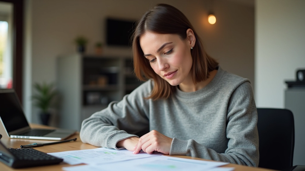 Person reviewing warranty paperwork with calculator and pen at home office desk